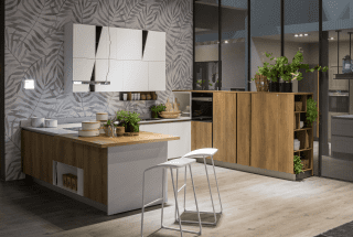 cucine a U con penisola e piano di appoggio in laminato rovere nodato Infinity Diagonal di Stosa Cucine cucine a U con penisola e piano di appoggio in laminato rovere nodato Infinity Diagonal di Stosa Cucine