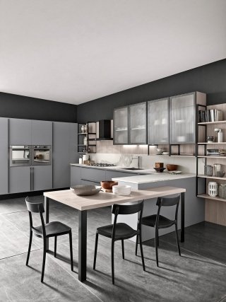 cucine con vetrina, basi e armadiature in laminato Grigio malta laser e penisola Marina 3.0 + Ice Industrial Edition di Febal Casa cucine con vetrina, basi e armadiature in laminato Grigio malta laser e penisola Marina 3.0 + Ice Industrial Edition di Febal Casa