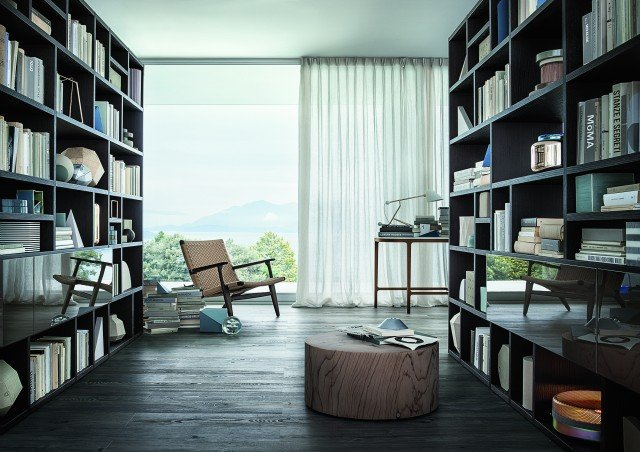 Il sistema Selecta, di concezione libera e flessibile, pronto ad assecondare ogni esigenza estetica o progettuale, può essere utilizzato anche in versione freestanding, per ritmare e separare gli ambienti. Come in questa composizione di due librerie che si fronteggiano, con struttura di rovere Carbone e ante sia a ribalta sia battenti, laccate tinta Grigio lucido. Il sistema Selecta, di concezione libera e flessibile, pronto ad assecondare ogni esigenza estetica o progettuale, può essere utilizzato anche in versione freestanding, per ritmare e separare gli ambienti. Come in questa composizione di due librerie che si fronteggiano, con struttura di rovere Carbone e ante sia a ribalta sia battenti, laccate tinta Grigio lucido.