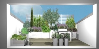 Progetto verde per il terrazzo nel tetto: un angolo mediterraneo in città sul terrazzo a tasca