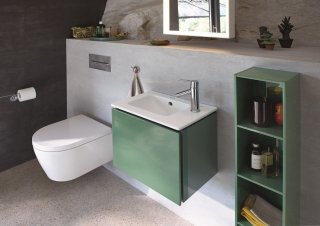 lavamani della serie Me by Starck di Duravit in ceramica bianca abbinato a mobile lavabo sospeso L-Cube a un’anta lavamani della serie Me by Starck di Duravit in ceramica bianca abbinato a mobile lavabo sospeso L-Cube a un’anta