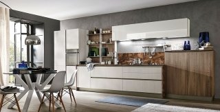cucina Infinity Diagonal di Stosa con ante in nobilitato termostrutturato color Palomino bianco cucina Infinity Diagonal di Stosa con ante in nobilitato termostrutturato color Palomino bianco