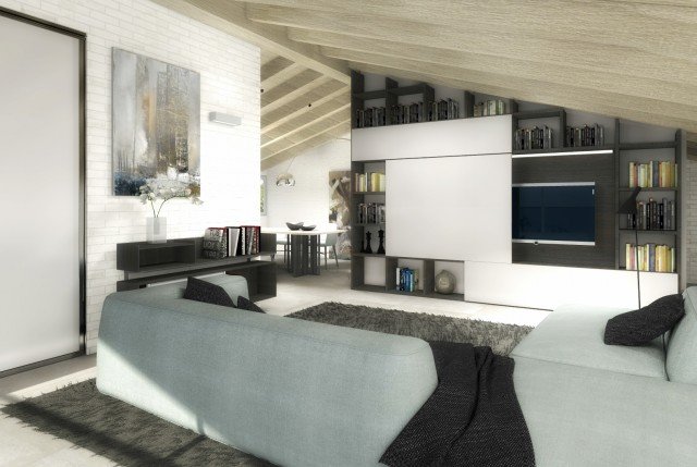 Protagonista della zona giorno di questa mansarda è la grande libreria Selecta di Officinadesign Lema in rovere termotrattato realizzata su misura seguendo l’andamento inclinato della copertura e la superficie disponibile: l’alternanza di spazi a giorno (con fondo color Avio) e chiusi da ante con finitura lucida in tinta Scoglio dà dinamismo all’insieme, organizzando alla perfezione libri e piccoli oggetti. Selecta tra l’altro è pensata per ospitare la tecnologia per l’intrattenimento, grazie a soluzioni intelligenti e dedicate: come in questo caso, in cui gli apparecchi possono essere celati alla vista dietro ad ante scorrevoli e a ribalta, così come cavi e accessori, per garantire il massimo dell’estetica.
Completano l’armonia dell’insieme il contenitore freestanding Court Yard (design Francesco Rota) dal vago sapore anni Sessanta, sempre in rovere termotrattato, qui scelto nella versione con vani a giorno (dimensioni L 171 x H 67 x P 41 cm con vani a giorno e L 160 x H 87 x P 32 cm con anta scorrevole), e il divano Cloud (design Francesco Rota), sistema di forme libere e accostabili con undici tipologie di moduli e tre di braccioli, di dimensione, forma e altezza differenti.
La zona pranzo, sul fondo, è arredata con il tavolo Shade (design Francesco Rota), dalle dimensioni generose e piano sottilissimo nella materica finitura Argilla sostenuto da una base scultorea a fasce metalliche in finitura bronzo. Una sofisticata architettura geometrica che ricrea un ambiente conviviale elegante e minimale, contemporaneo seppure con raffinati rimandi alla classicità (misure L 250 x H 73 x P 100 cm e L 350 x H 73 x P 109 cm), abbinata alle poltroncine Tabby (design Gordon Guillaumier), di gusto classico e contemporaneo insieme, con seduta a corolla imbottita sfoderabile in tessuto (oltre a ecopelle o pelle) e leggera struttura portante a quattro gambe di frassino laccato nero a poro aperto (disponibile anche tinto rovere termotrattato, misure L 62 x P 54 x H 74,5 cm). Protagonista della zona giorno di questa mansarda è la grande libreria Selecta di Officinadesign Lema in rovere termotrattato realizzata su misura seguendo l’andamento inclinato della copertura e la superficie disponibile: l’alternanza di spazi a giorno (con fondo color Avio) e chiusi da ante con finitura lucida in tinta Scoglio dà dinamismo all’insieme, organizzando alla perfezione libri e piccoli oggetti. Selecta tra l’altro è pensata per ospitare la tecnologia per l’intrattenimento, grazie a soluzioni intelligenti e dedicate: come in questo caso, in cui gli apparecchi possono essere celati alla vista dietro ad ante scorrevoli e a ribalta, così come cavi e accessori, per garantire il massimo dell’estetica.
Completano l’armonia dell’insieme il contenitore freestanding Court Yard (design Francesco Rota) dal vago sapore anni Sessanta, sempre in rovere termotrattato, qui scelto nella versione con vani a giorno (dimensioni L 171 x H 67 x P 41 cm con vani a giorno e L 160 x H 87 x P 32 cm con anta scorrevole), e il divano Cloud (design Francesco Rota), sistema di forme libere e accostabili con undici tipologie di moduli e tre di braccioli, di dimensione, forma e altezza differenti.
La zona pranzo, sul fondo, è arredata con il tavolo Shade (design Francesco Rota), dalle dimensioni generose e piano sottilissimo nella materica finitura Argilla sostenuto da una base scultorea a fasce metalliche in finitura bronzo. Una sofisticata architettura geometrica che ricrea un ambiente conviviale elegante e minimale, contemporaneo seppure con raffinati rimandi alla classicità (misure L 250 x H 73 x P 100 cm e L 350 x H 73 x P 109 cm), abbinata alle poltroncine Tabby (design Gordon Guillaumier), di gusto classico e contemporaneo insieme, con seduta a corolla imbottita sfoderabile in tessuto (oltre a ecopelle o pelle) e leggera struttura portante a quattro gambe di frassino laccato nero a poro aperto (disponibile anche tinto rovere termotrattato, misure L 62 x P 54 x H 74,5 cm).