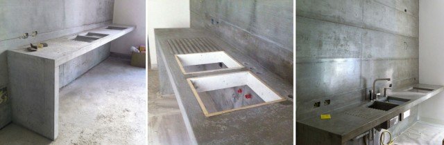 IL TOP IN CEMENTO: LE FASI DI COSTRUZIONE Con l'ausilio di appositi casseri - elementi scatolari - top e spalla portante della cucina sono stati realizzati in cemento armato. Prima della gettata del calcestruzzo, all'interno delle forme sono stati posizionati tondini in ferro che servono a rinforzare e a dare sostegno. Dopo la solidificazione del materiale fluido, le superfici compatte sono state protette e impermeabilizzate con una resina trasparente. IL TOP IN CEMENTO: LE FASI DI COSTRUZIONE Con l'ausilio di appositi casseri - elementi scatolari - top e spalla portante della cucina sono stati realizzati in cemento armato. Prima della gettata del calcestruzzo, all'interno delle forme sono stati posizionati tondini in ferro che servono a rinforzare e a dare sostegno. Dopo la solidificazione del materiale fluido, le superfici compatte sono state protette e impermeabilizzate con una resina trasparente.