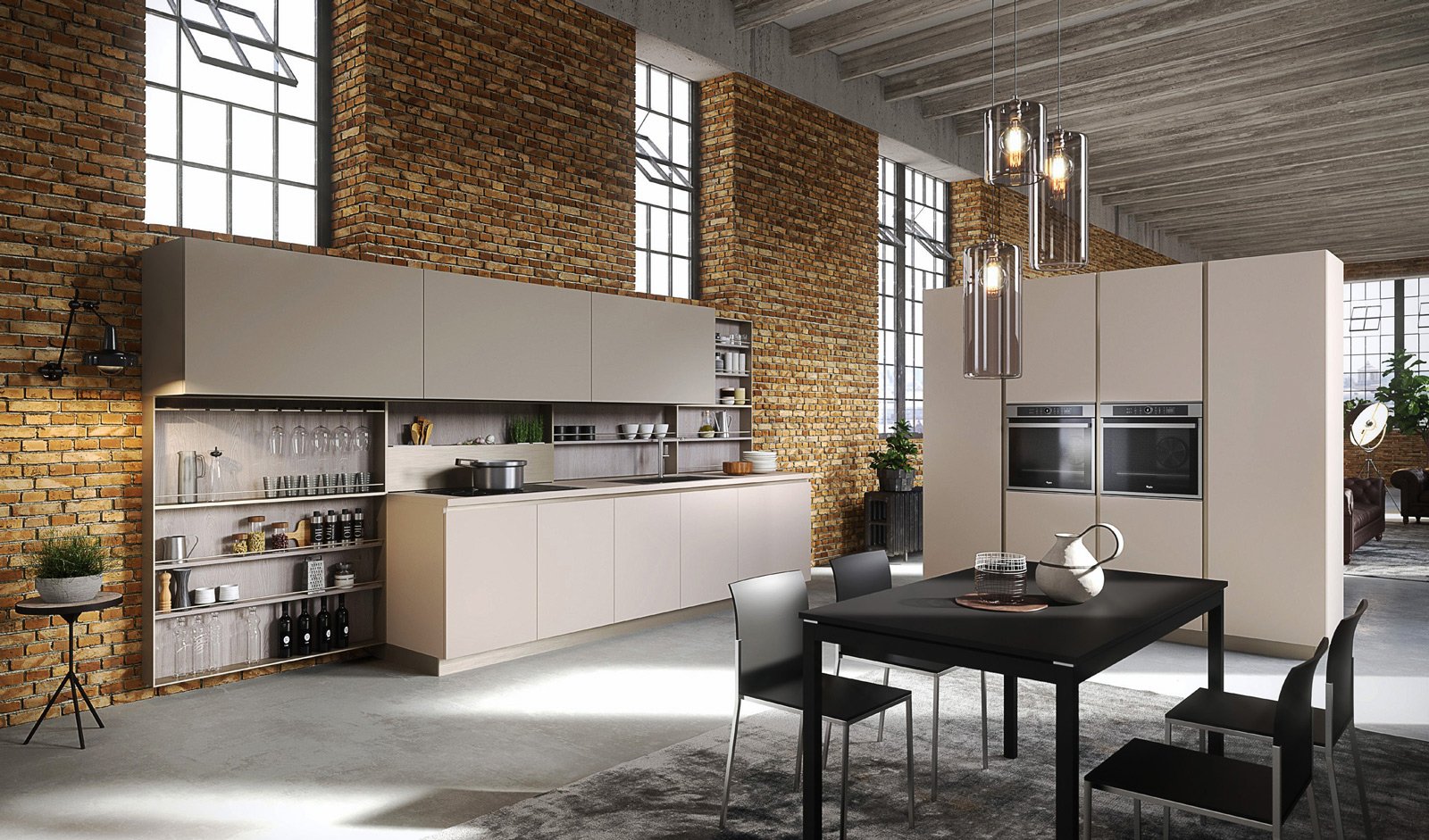 Alcuni armadi a colonna a centro stanza autoportanti dividono cucina e soggiorno - Assolvono la funzione di quinta, definendo bene lo spazio della cucina completa di tavolo e quello dell'area conversazione. E allo stesso tempo nascondono i grandi elettrodomestici e i vani dispensa dal soggiorno. Alcuni armadi a colonna a centro stanza autoportanti dividono cucina e soggiorno - Assolvono la funzione di quinta, definendo bene lo spazio della cucina completa di tavolo e quello dell'area conversazione. E allo stesso tempo nascondono i grandi elettrodomestici e i vani dispensa dal soggiorno.