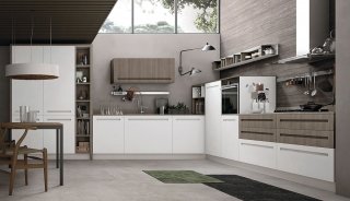 cucina a L bianca aperta sul soggiorno Mood di Stosa cucina a L bianca aperta sul soggiorno Mood di Stosa