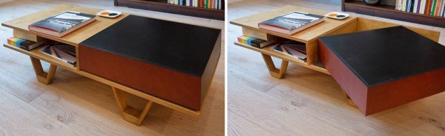 Coffee table double face. Al centro del salotto, il tavolino multifunzione è disegnato dal progettista della casa e si ispira al design scandinavo degli anni 50/60, per forma e versatilità. Una metà, in multistrato di betulla tinto, è piano d'appoggio e contenitore; l'altra metà - in tamburato imbottito e rivestito in cuoio rosso - è cuscino poggiapiedi ruotante. Coffee table double face. Al centro del salotto, il tavolino multifunzione è disegnato dal progettista della casa e si ispira al design scandinavo degli anni 50/60, per forma e versatilità. Una metà, in multistrato di betulla tinto, è piano d'appoggio e contenitore; l'altra metà - in tamburato imbottito e rivestito in cuoio rosso - è cuscino poggiapiedi ruotante.