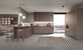 cucina in melaminico opaco tonalità Um taupe Forma Banco di Comprex cucina in melaminico opaco tonalità Um taupe Forma Banco di Comprex