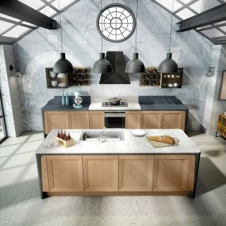 cucina Milano di Berloni 2 blocchi paralleli coordinati impiallacciati in Rovere Naturale e dettagli in Metallo Grey Lux cucina Milano di Berloni 2 blocchi paralleli coordinati impiallacciati in Rovere Naturale e dettagli in Metallo Grey Lux