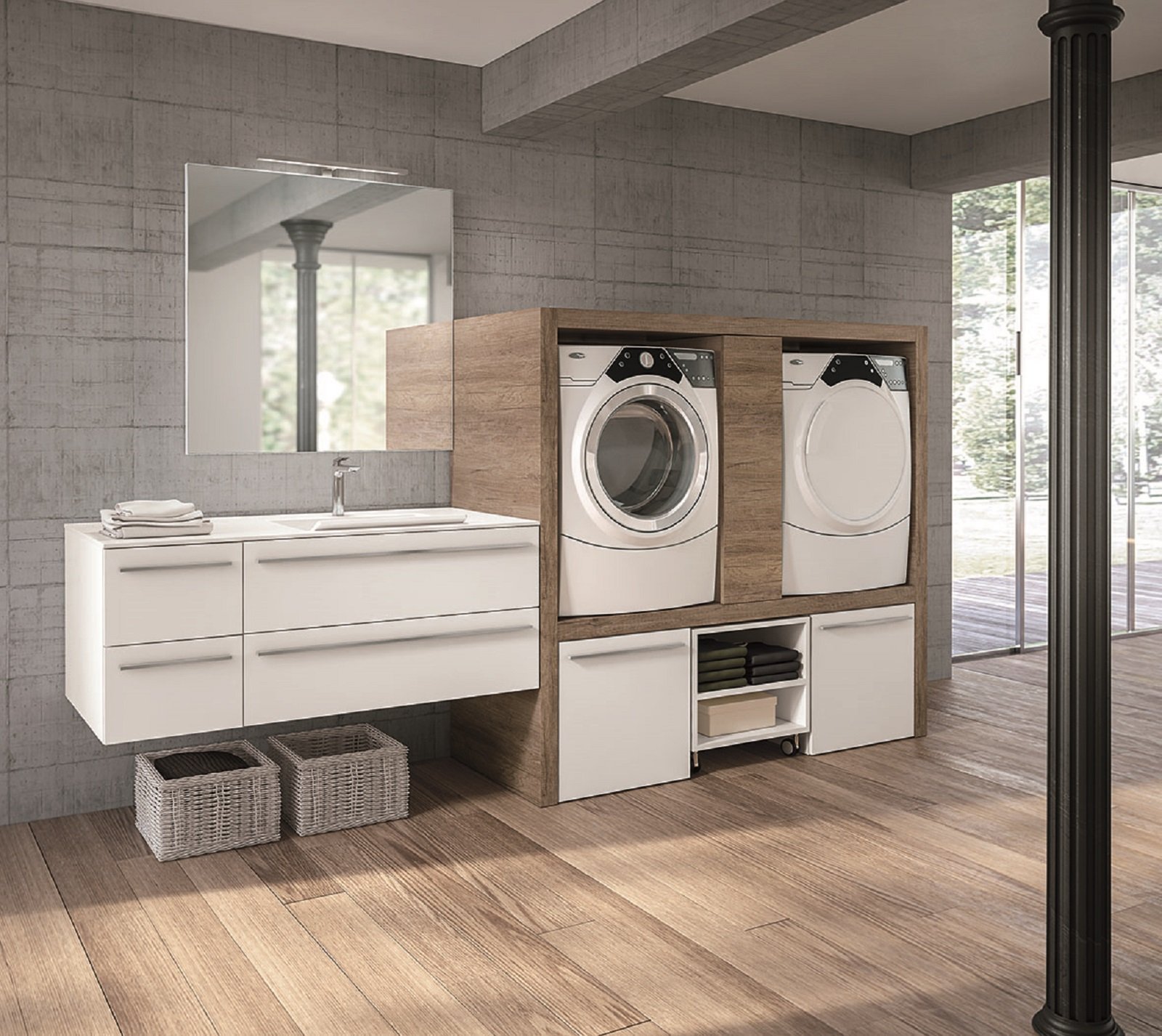 Lavanderia in bagno cose di casa Lavabo e lavatrice affiancati