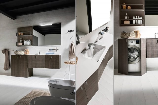 zona lavanderia Composizione Play in rovere cacao, con maniglie laccate Cerasa zona lavanderia Composizione Play in rovere cacao, con maniglie laccate Cerasa