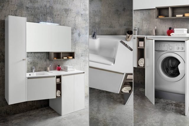 zona lavanderia Composizione Movida laccata bianco opaco con elementi a giorno in Frassino Gessato Cerasa zona lavanderia Composizione Movida laccata bianco opaco con elementi a giorno in Frassino Gessato Cerasa