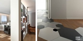 Soluzioni da copiare nella casa con percorso di piastrelle esagonali, libreria che divide e ingloba il pilastro