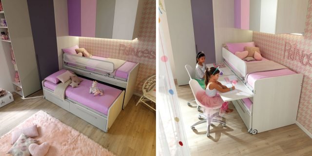 Il sistema letto Space è composto da due letti, due cassetti, due cassettoni e due scrivanie estraibili. Un sistema geniale che si completa di una scaletta a pioli, con maniglie in plastica per consentire di salire con comodità al letto superiore. Una soluzione doppia che privilegia il desiderio di stare insieme. Il sistema letto Space è composto da due letti, due cassetti, due cassettoni e due scrivanie estraibili. Un sistema geniale che si completa di una scaletta a pioli, con maniglie in plastica per consentire di salire con comodità al letto superiore. Una soluzione doppia che privilegia il desiderio di stare insieme.