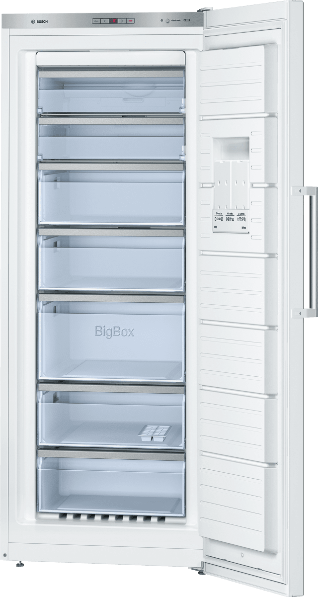 GSN54AW30 di Bosch è dotato di tasto per congelamento intensivo con spegnimento automatico. Con capacità netta totale di 323 litri, è NoFrost e ha temperatura regolabile visualizzata attraverso display. In classe A++ è suddiviso in 7 cassetti, di cui a 2 ribalta. Misura L70xP78xH176 cm. Prezzo 1.149 euro. www.bosch.it GSN54AW30 di Bosch è dotato di tasto per congelamento intensivo con spegnimento automatico. Con capacità netta totale di 323 litri, è NoFrost e ha temperatura regolabile visualizzata attraverso display. In classe A++ è suddiviso in 7 cassetti, di cui a 2 ribalta. Misura L70xP78xH176 cm. Prezzo 1.149 euro. www.bosch.it