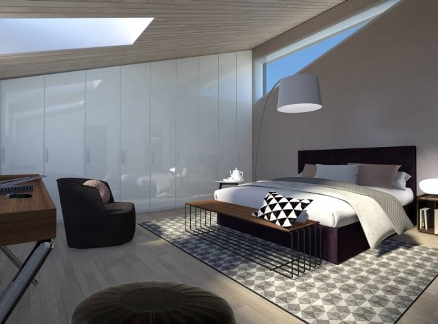 Nella camera matrimoniale, sempre Lema: Armadio Liscia in laccato lucido bianco 200 e letto Picolit con rivestimento tessuto Chara tde 766 (entrambi Officinadesign Lema); comodino Tip (Daniel Debiasi – Federico Sandri); tavolino Flowers (Roberto Lazzeroni); poltroncina Felix in tessuto supernova tdb 304 (design Roberto Lazzeroni); panca Fence, con piano in noce canaletto e supporto in metallo, e console Novel (design Christophe Pillet) in noce canaletto e metallo cromato; pouf Tod in pelle top pt 0013 (design Ferruccio Laviani). Nella camera matrimoniale, sempre Lema: Armadio Liscia in laccato lucido bianco 200 e letto Picolit con rivestimento tessuto Chara tde 766 (entrambi Officinadesign Lema); comodino Tip (Daniel Debiasi – Federico Sandri); tavolino Flowers (Roberto Lazzeroni); poltroncina Felix in tessuto supernova tdb 304 (design Roberto Lazzeroni); panca Fence, con piano in noce canaletto e supporto in metallo, e console Novel (design Christophe Pillet) in noce canaletto e metallo cromato; pouf Tod in pelle top pt 0013 (design Ferruccio Laviani).