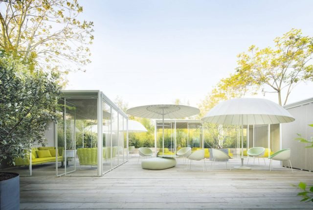 Vincitore sia del Good Design Award sia dell’Interior Innovation Award e vagamente ispirato agli ombrelli orientali, Bistrò di Paola Lenti è prodotto in versione piatta o a cupola e può essere inclinato nella posizione desiderata grazie a uno snodo. La struttura di alluminio verniciato (nelle tinte avorio, grafite, mora, ruggine, sottobosco, oliva, foresta) sostiene il parasole di tessuto 100% poliestere quadrettato o a tinta unita (rispettivamente Madras e Tamil, in gradazioni cromatiche coordinabili con le verniciature della struttura portante) mediante una serie di bacchette di fibra di vetro verniciate nello stesso colore. Ad arricchire la funzionalità di Bistrò concorre la serie Clique, composta da sedute sfoderabili e da tavolini di servizio agganciabili alla base dell’ombrellone. Misure H 240/250, Ø 290/300 cm. Prezzo su richiesta. www.paolalenti.it Vincitore sia del Good Design Award sia dell’Interior Innovation Award e vagamente ispirato agli ombrelli orientali, Bistrò di Paola Lenti è prodotto in versione piatta o a cupola e può essere inclinato nella posizione desiderata grazie a uno snodo. La struttura di alluminio verniciato (nelle tinte avorio, grafite, mora, ruggine, sottobosco, oliva, foresta) sostiene il parasole di tessuto 100% poliestere quadrettato o a tinta unita (rispettivamente Madras e Tamil, in gradazioni cromatiche coordinabili con le verniciature della struttura portante) mediante una serie di bacchette di fibra di vetro verniciate nello stesso colore. Ad arricchire la funzionalità di Bistrò concorre la serie Clique, composta da sedute sfoderabili e da tavolini di servizio agganciabili alla base dell’ombrellone. Misure H 240/250, Ø 290/300 cm. Prezzo su richiesta. www.paolalenti.it