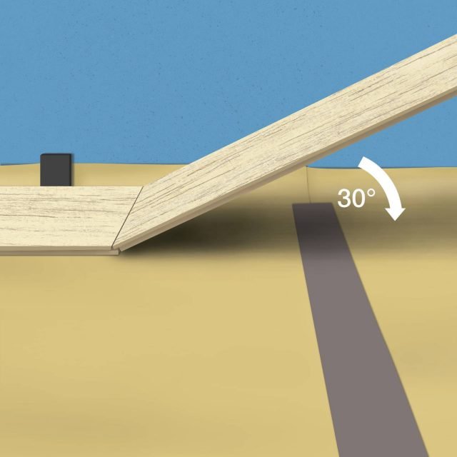 Ripartire posizionando il primo listone, tagliato della giusta misura, e mettere intorno i cunei distanziatori da 10 mm, per ottenere uno spazio di dilatazione lungo il muro della stanza. Inserire quindi la linguetta del secondo listone nella scanalatura del primo con un’angolazione di 30°, abbassarlo lentamente per serrare l’incastro e proseguire con i listoni seguenti, continuando a posizionare i cunei distanziatori lungo la parete. Ripartire posizionando il primo listone, tagliato della giusta misura, e mettere intorno i cunei distanziatori da 10 mm, per ottenere uno spazio di dilatazione lungo il muro della stanza. Inserire quindi la linguetta del secondo listone nella scanalatura del primo con un’angolazione di 30°, abbassarlo lentamente per serrare l’incastro e proseguire con i listoni seguenti, continuando a posizionare i cunei distanziatori lungo la parete.