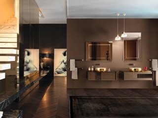 mobili bagno Qamar di Inda con finitura frontale Textil brown, struttura in specchio Bronze e lavabi in ceramica Qamar Gold mobili bagno Qamar di Inda con finitura frontale Textil brown, struttura in specchio Bronze e lavabi in ceramica Qamar Gold