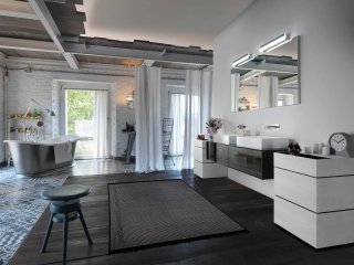 mobili bagno Qamar di Inda con finitura frontale Olmo grey, struttura in vetro laccato Grafite e lavabi Zefiro in mineralmarmo lucido mobili bagno Qamar di Inda con finitura frontale Olmo grey, struttura in vetro laccato Grafite e lavabi Zefiro in mineralmarmo lucido