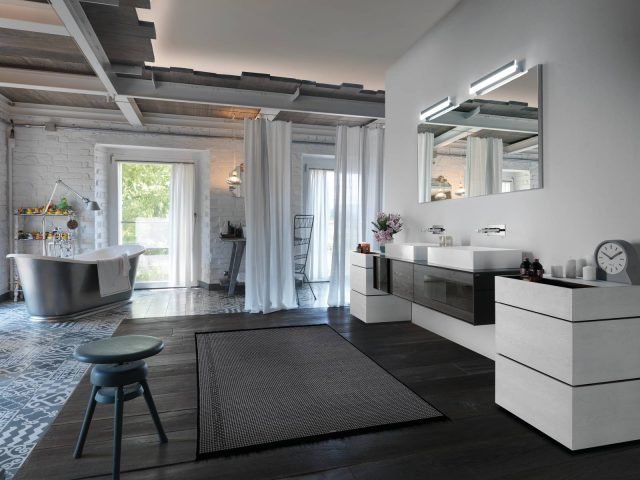 mobili bagno Qamar di Inda con finitura frontale Olmo grey, struttura in vetro laccato Grafite e lavabi Zefiro in mineralmarmo lucido mobili bagno Qamar di Inda con finitura frontale Olmo grey, struttura in vetro laccato Grafite e lavabi Zefiro in mineralmarmo lucido