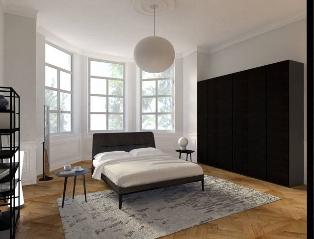 Casa d’epoca Nella camera matrimoniale, sempre di Lema: letto Victoriano (design Roberto Lazzeroni, novità Salone del Mobile 2017 in vendita a partire dal mese di ottobre) con struttura in massello e rivestimento tessile grigio scuro, Armadio al Centimetro Liscia con ante in rovere carbone, libreria Plain (design Francesco Rota) con struttura metallica verniciata nera e ripiani in laccato opaco nero, tavolini Flowers (design Roberto Lazzeroni), specchio da terra Mir (design Ludovica e Roberto Palomba). Casa d’epoca Nella camera matrimoniale, sempre di Lema: letto Victoriano (design Roberto Lazzeroni, novità Salone del Mobile 2017 in vendita a partire dal mese di ottobre) con struttura in massello e rivestimento tessile grigio scuro, Armadio al Centimetro Liscia con ante in rovere carbone, libreria Plain (design Francesco Rota) con struttura metallica verniciata nera e ripiani in laccato opaco nero, tavolini Flowers (design Roberto Lazzeroni), specchio da terra Mir (design Ludovica e Roberto Palomba).