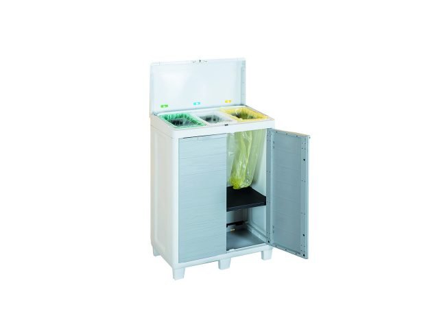 pattumiera per la raccolta differenziata a forma di armadio basso con coperchio e due ante frontali Linea Woody's di Mercatone Uno pattumiera per la raccolta differenziata a forma di armadio basso con coperchio e due ante frontali Linea Woody's di Mercatone Uno