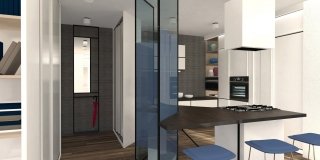 Mascherare la cucina dall’ingresso. Progetto in 3D