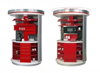 cucina compatta circolare Circle®di Circle Kitchen rossa con lavello, piano cottura e lavastoviglie cucina compatta circolare Circle®di Circle Kitchen rossa con lavello, piano cottura e lavastoviglie