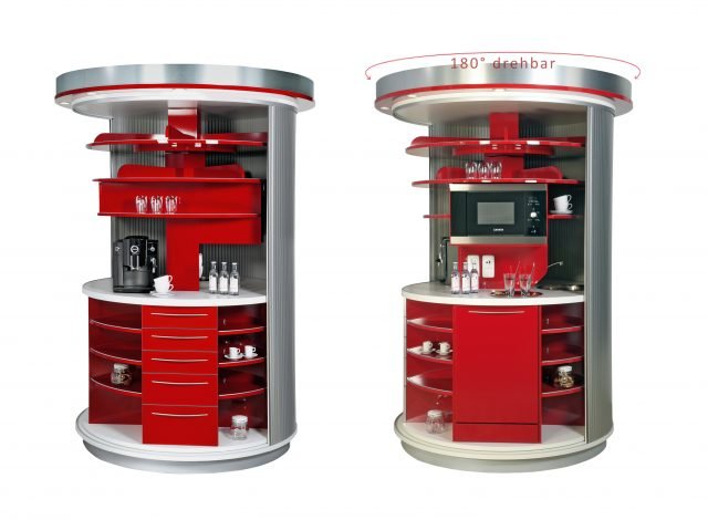 cucina compatta circolare Circle®di Circle Kitchen rossa con lavello, piano cottura e lavastoviglie cucina compatta circolare Circle®di Circle Kitchen rossa con lavello, piano cottura e lavastoviglie