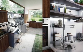 cucina Skyline 2.0 di Snaidero con top in acciaio inox e ante in laminato grigio platino e nobilitato noce medio cucina Skyline 2.0 di Snaidero con top in acciaio inox e ante in laminato grigio platino e nobilitato noce medio