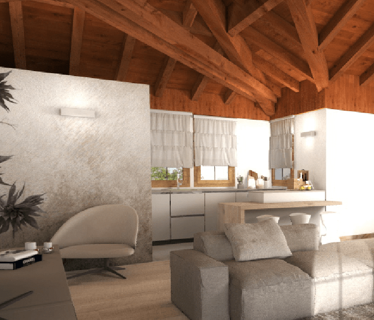 Progetto per la mansarda in 3d con orditura del tetto articolata e ... Cucine per mansarde foto