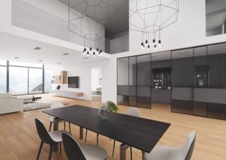 Nella foto, il sistema di porte scorrevoli in vetro Scenario, qui proposto nel modello Delineo Industrial/1 con 4 ante scorrevoli e nella versione con scorrimento incassato a soffitto, con profilo nero e con l’accostamento sulla stessa anta di tre tipi di cristallo: trasparente extrachiaro, satinato grigio e Strip trasparente grigio. Dimensioni: anta da cm 130x280 Nella foto, il sistema di porte scorrevoli in vetro Scenario, qui proposto nel modello Delineo Industrial/1 con 4 ante scorrevoli e nella versione con scorrimento incassato a soffitto, con profilo nero e con l’accostamento sulla stessa anta di tre tipi di cristallo: trasparente extrachiaro, satinato grigio e Strip trasparente grigio. Dimensioni: anta da cm 130x280
