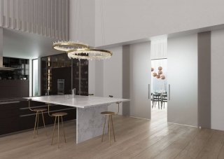 Nella foto, il sistema di porte scorrevoli in vetro Scenario, qui proposto nel modello Visio Up con due ante scorrevoli e nella variante con scorrimento incassato a soffitto, cristallo satinato extrachiaro. Dimensioni: anta da cm 130x290 Nella foto, il sistema di porte scorrevoli in vetro Scenario, qui proposto nel modello Visio Up con due ante scorrevoli e nella variante con scorrimento incassato a soffitto, cristallo satinato extrachiaro. Dimensioni: anta da cm 130x290