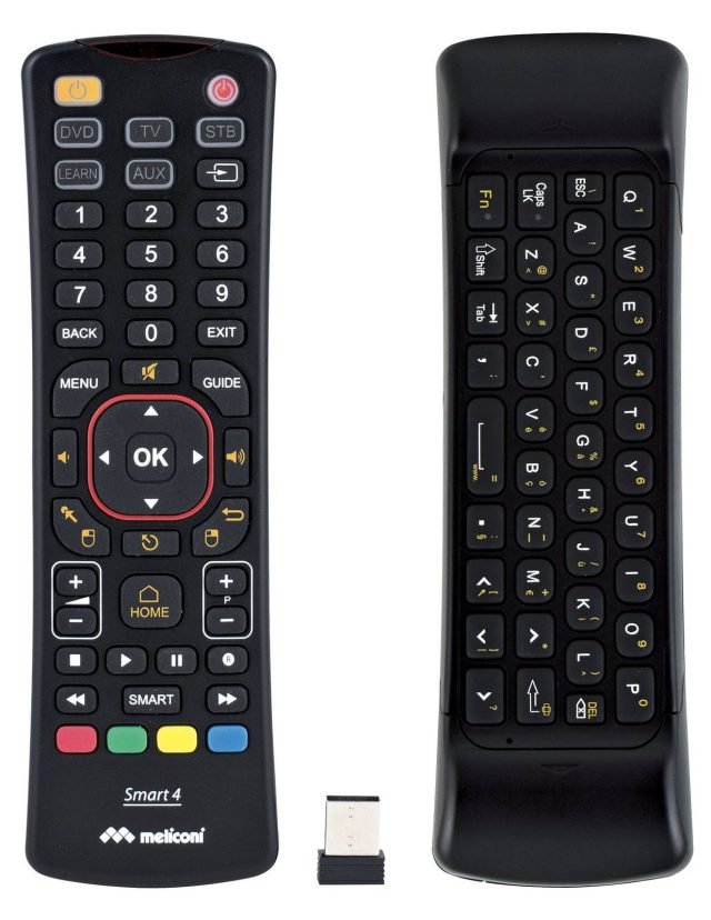 L’innovativo telecomando 4 in 1 Smart4 di Meliconi, è dotato di una utile tastiera Qwerty integrata senza fili, completa, funzionale e dal design ergonomico, compatibile con molte delle TV Smart attualmente sul mercato dotate di supporto HID e funzionalità senza fili attraverso ricevitore USB. La tastiera è ricca di funzioni e oltre alla TV permette di controllare tre diverse sorgenti a/v a scelta, fra cui decoder digitale terrestre, satellitari e Sky, oltre a lettori DVD, Blu ray o VCR e altri dispositivi come iptv e box multimediali. Prezzo 49,99 euro. www.meliconi.com L’innovativo telecomando 4 in 1 Smart4 di Meliconi, è dotato di una utile tastiera Qwerty integrata senza fili, completa, funzionale e dal design ergonomico, compatibile con molte delle TV Smart attualmente sul mercato dotate di supporto HID e funzionalità senza fili attraverso ricevitore USB. La tastiera è ricca di funzioni e oltre alla TV permette di controllare tre diverse sorgenti a/v a scelta, fra cui decoder digitale terrestre, satellitari e Sky, oltre a lettori DVD, Blu ray o VCR e altri dispositivi come iptv e box multimediali. Prezzo 49,99 euro. www.meliconi.com