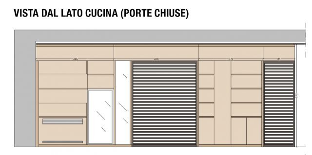 CON DUE PASSAGGI La composizione prevede anche i due varchi di 225 cm e 84 cm, chiusi rispettivamente da un pannello scorrevole (che, aperto, si allinea al mobile sovrapponendosi ai moduli contenitivi) e da una porta a battente verso la cucina. CON DUE PASSAGGI La composizione prevede anche i due varchi di 225 cm e 84 cm, chiusi rispettivamente da un pannello scorrevole (che, aperto, si allinea al mobile sovrapponendosi ai moduli contenitivi) e da una porta a battente verso la cucina.