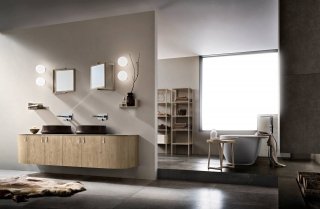 City Play di Cerasa, essenza natural, maniglie laccate, piano in ocrite tortora, lavabi da appoggio Prince in ceramica colore opaco City Play di Cerasa, essenza natural, maniglie laccate, piano in ocrite tortora, lavabi da appoggio Prince in ceramica colore opaco