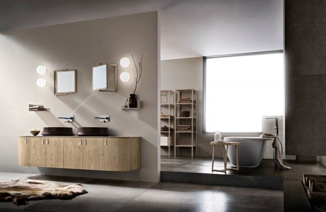 City Play di Cerasa, essenza natural, maniglie laccate, piano in ocrite tortora, lavabi da appoggio Prince in ceramica colore opaco City Play di Cerasa, essenza natural, maniglie laccate, piano in ocrite tortora, lavabi da appoggio Prince in ceramica colore opaco
