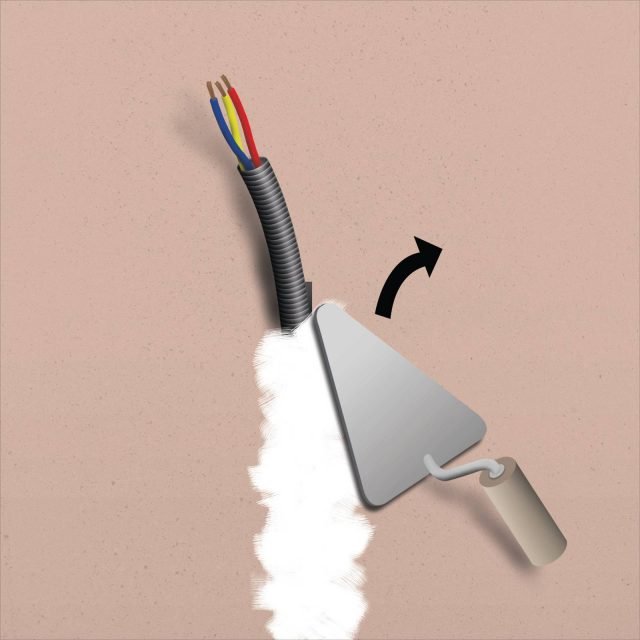 Quindi, eliminare con cura la polvere dalla scanalatura, incastrare il tubo corrugato e stuccare con il gesso. Quindi, eliminare con cura la polvere dalla scanalatura, incastrare il tubo corrugato e stuccare con il gesso.