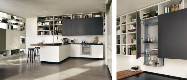 Motus di Scavolini è la cucina con il modulo attrezzato, collocato nel pensile, dotato di Selfmotion, un sistema saliscendi motorizzato che rende accessibile la dispensa anche alle persone con mobilità ridotta. I pensili sono in laccato opaco Grigio ferro e sono circondati dal sistema parete Fluida in decorativo Grigio Gabbiano. La penisola che ospita il lavello è dotata di un piano snack integrato in Rovere Vintage che si integra perfettamente con il piano in Okite Grey Stone. Le ante delle basi hanno la presa ricavata nello spessore e sono realizzate in Decorativo Olmo Komi come le colonne. Prezzo su richiesta. www.scavolini.com Motus di Scavolini è la cucina con il modulo attrezzato, collocato nel pensile, dotato di Selfmotion, un sistema saliscendi motorizzato che rende accessibile la dispensa anche alle persone con mobilità ridotta. I pensili sono in laccato opaco Grigio ferro e sono circondati dal sistema parete Fluida in decorativo Grigio Gabbiano. La penisola che ospita il lavello è dotata di un piano snack integrato in Rovere Vintage che si integra perfettamente con il piano in Okite Grey Stone. Le ante delle basi hanno la presa ricavata nello spessore e sono realizzate in Decorativo Olmo Komi come le colonne. Prezzo su richiesta. www.scavolini.com