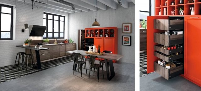Groove+Bolero Micron-Linea Design di Schmidt è la cucina con il modulo attrezzato che consente di avere a portata di mano tutti gli ingredienti grazie ai cassetti, di dimensioni diverse, che compongono la dispensa integrata nella credenza vintage color arancio Tangerine. Il piccolo bancone snack laterale si trasforma in angolo pasti per due. Prezzo su richiesta. www.home-design.schmidt Groove+Bolero Micron-Linea Design di Schmidt è la cucina con il modulo attrezzato che consente di avere a portata di mano tutti gli ingredienti grazie ai cassetti, di dimensioni diverse, che compongono la dispensa integrata nella credenza vintage color arancio Tangerine. Il piccolo bancone snack laterale si trasforma in angolo pasti per due. Prezzo su richiesta. www.home-design.schmidt