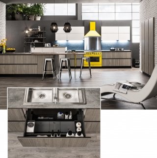 cucina con pattumiera in laminato venato color Latte e Origano Primavera di Arrex cucina con pattumiera in laminato venato color Latte e Origano Primavera di Arrex