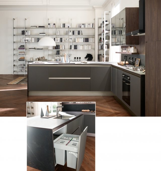Kaleidos di Febal Casa è la cucina con pattumiera che arreda anche il living grazie alle ante senza maniglie con il telaio in alluminio che esaltano il materiale con cui sono realizzate: il vetro tinta unita satinato nella colorazione Grigio Ombra, un materiale resistente, inalterabile e riciclabile all'infinito. I contenitori per la raccolta differenziata sono collocati nel grande cestone estraibile in prossimità del lavello. Un modulo base da 60 cm, prezzo 300 euro per la versione base. www.febalcasa.com Kaleidos di Febal Casa è la cucina con pattumiera che arreda anche il living grazie alle ante senza maniglie con il telaio in alluminio che esaltano il materiale con cui sono realizzate: il vetro tinta unita satinato nella colorazione Grigio Ombra, un materiale resistente, inalterabile e riciclabile all'infinito. I contenitori per la raccolta differenziata sono collocati nel grande cestone estraibile in prossimità del lavello. Un modulo base da 60 cm, prezzo 300 euro per la versione base. www.febalcasa.com