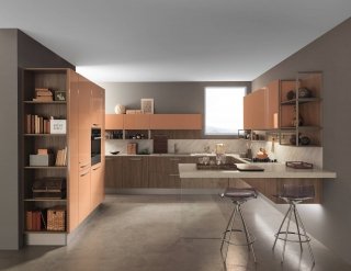 cucina con top in laminato Botticino Camosci e bancone snack Ice di Febal Casa cucina con top in laminato Botticino Camosci e bancone snack Ice di Febal Casa
