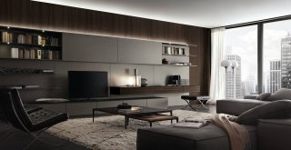 Rimadesio, composizione Abacus Living con struttura di alluminio laccato piombo e vetro laccato opaco piombo. Rimadesio, composizione Abacus Living con struttura di alluminio laccato piombo e vetro laccato opaco piombo.
