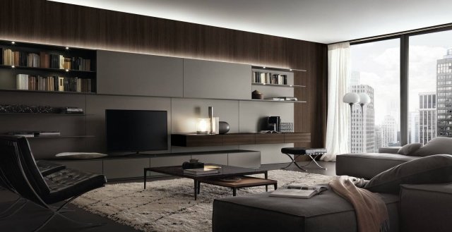Rimadesio, composizione Abacus Living con struttura di alluminio laccato piombo e vetro laccato opaco piombo. Rimadesio, composizione Abacus Living con struttura di alluminio laccato piombo e vetro laccato opaco piombo.