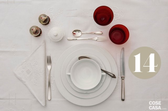 Vince la tradizione più classica e senza tempo: recuperiamo la tovaglia e i tovaglioli dal corredo delle mamme e apparecchiamo con le porcellane più belle (abbiamo persino rispolverato una tazza da consommé per i cappelletti o i tortellini o un brodo gustoso). Unica nota di colore: i bicchieri e le boule de neige con mini Babbi Natale. Vince la tradizione più classica e senza tempo: recuperiamo la tovaglia e i tovaglioli dal corredo delle mamme e apparecchiamo con le porcellane più belle (abbiamo persino rispolverato una tazza da consommé per i cappelletti o i tortellini o un brodo gustoso). Unica nota di colore: i bicchieri e le boule de neige con mini Babbi Natale.