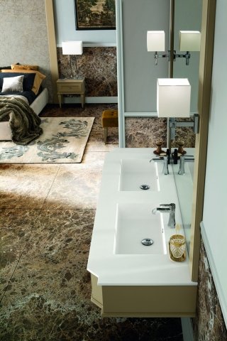 due mobili lavabo con frontali a ribalta e lavandino integrale Vanity in marmoresina bianco lucido composizione York 56 di Cerasa due mobili lavabo con frontali a ribalta e lavandino integrale Vanity in marmoresina bianco lucido composizione York 56 di Cerasa