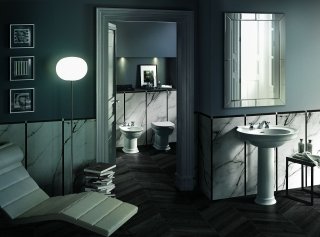collezione Dolcevita di Hatria in ceramica bianca water con scarico a pavimento e bidet triforo a terra collezione Dolcevita di Hatria in ceramica bianca water con scarico a pavimento e bidet triforo a terra