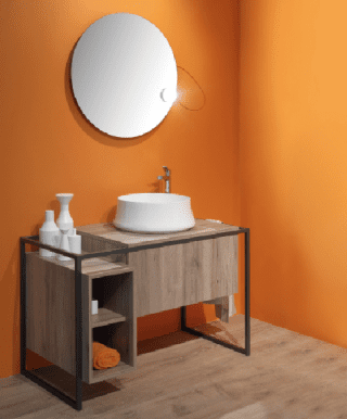 mobile lavabo della collezione Frame di Simas, specchio rotondo e lampada magnetica per bagno mobile lavabo della collezione Frame di Simas, specchio rotondo e lampada magnetica per bagno